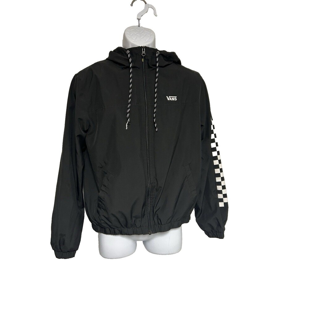 Vans Black Full-Zip Hooded Windbreaker with Checkerboard Print  Men's Size M